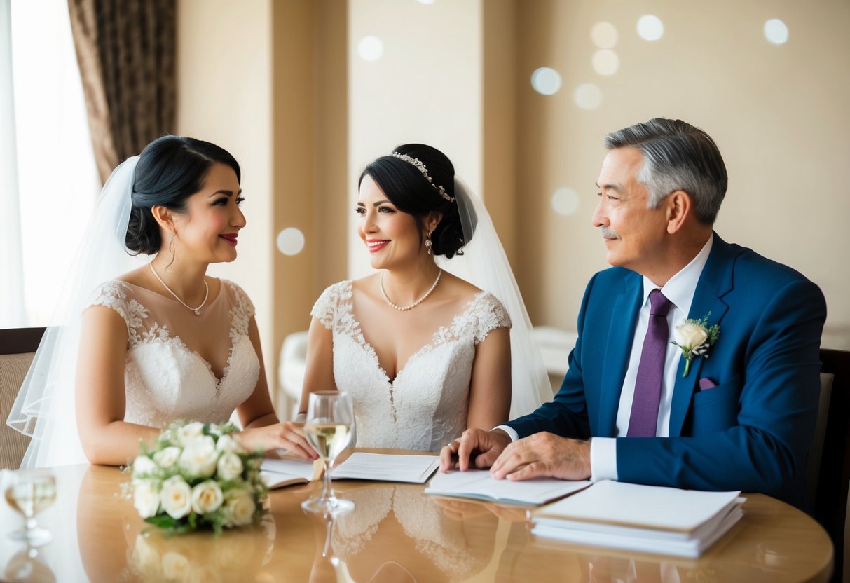 A family sitting at a table, a bride and her parents on opposite sides, discussing wedding expenses