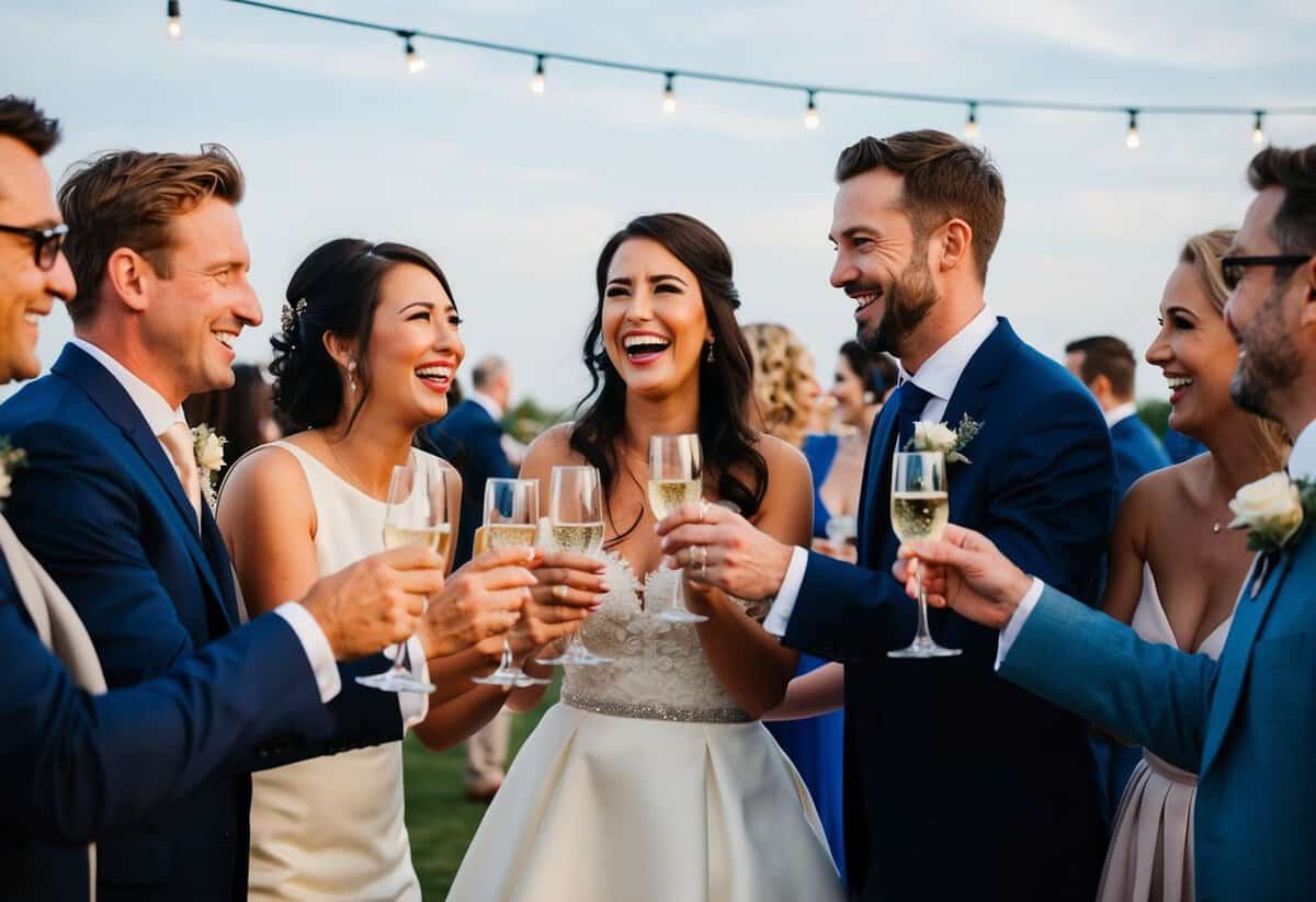 A joyful wedding celebration with guests mingling and toasting