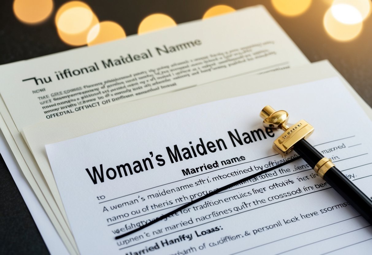 A woman's maiden name sits untouched on official documents while her married name is crossed out, symbolizing the weight of tradition and the loss of personal identity