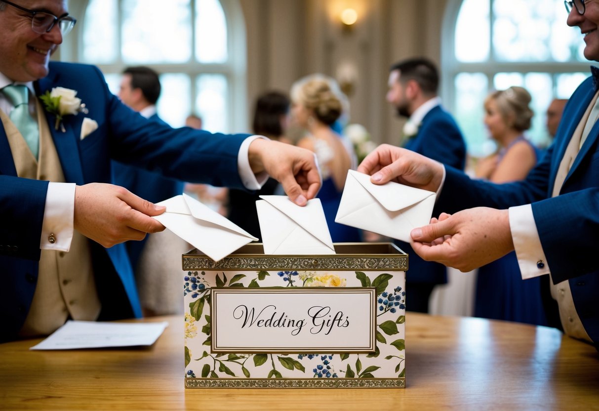 Guests place envelopes in a decorative box labeled "wedding gifts" at a reception in the UK