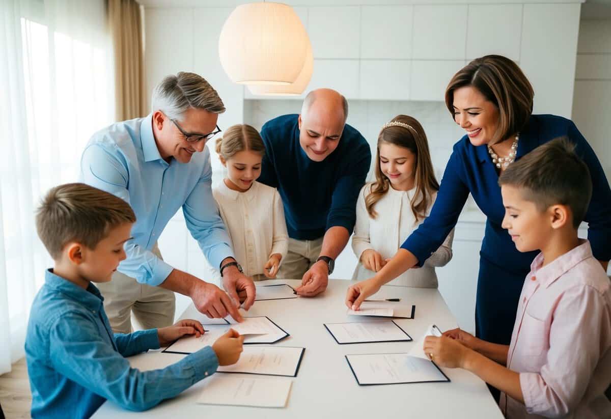 A family gathering around a table, selecting and addressing wedding invitations together