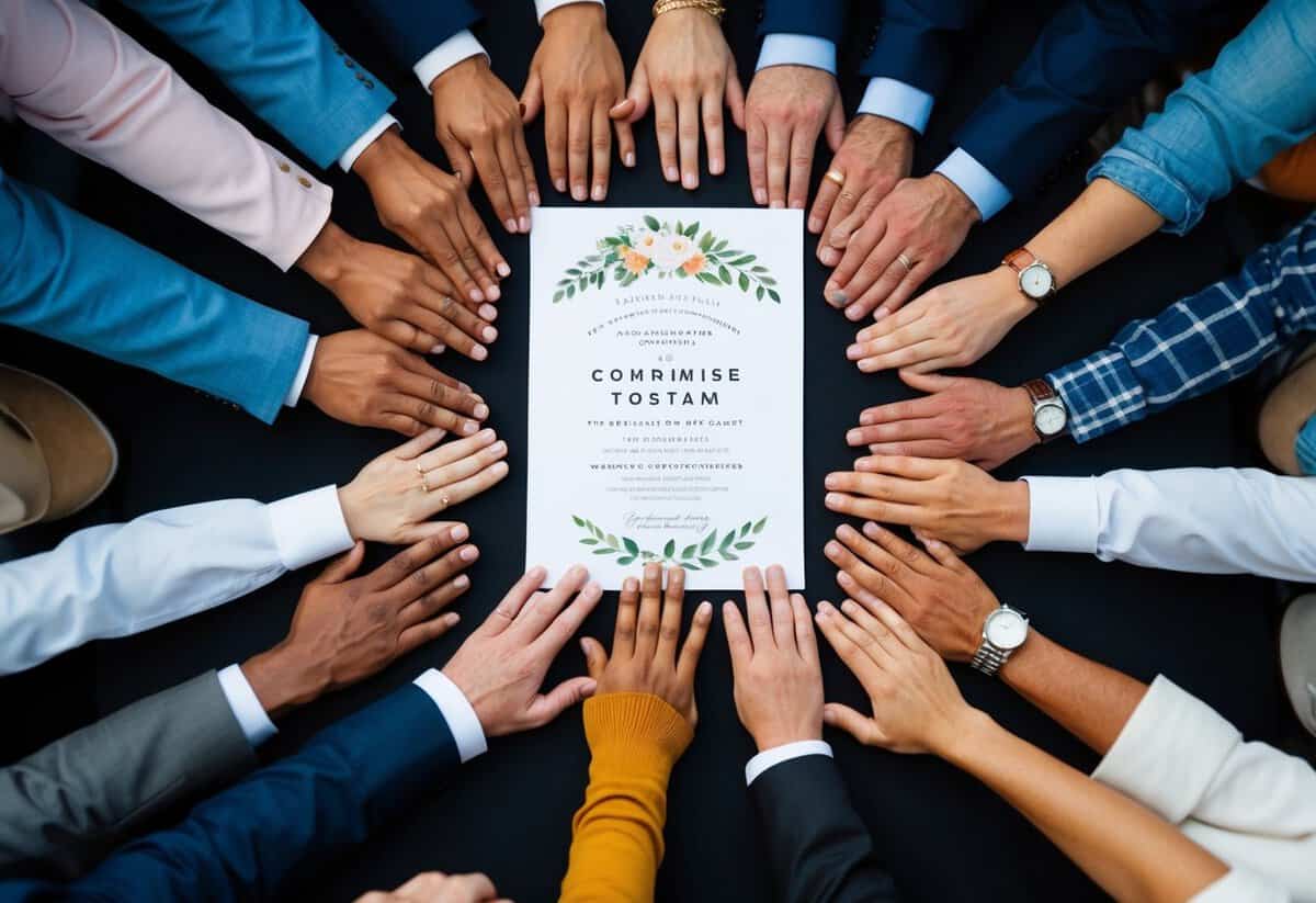 A wedding invitation surrounded by a diverse group of friends and family, symbolizing compromise and communal aspects