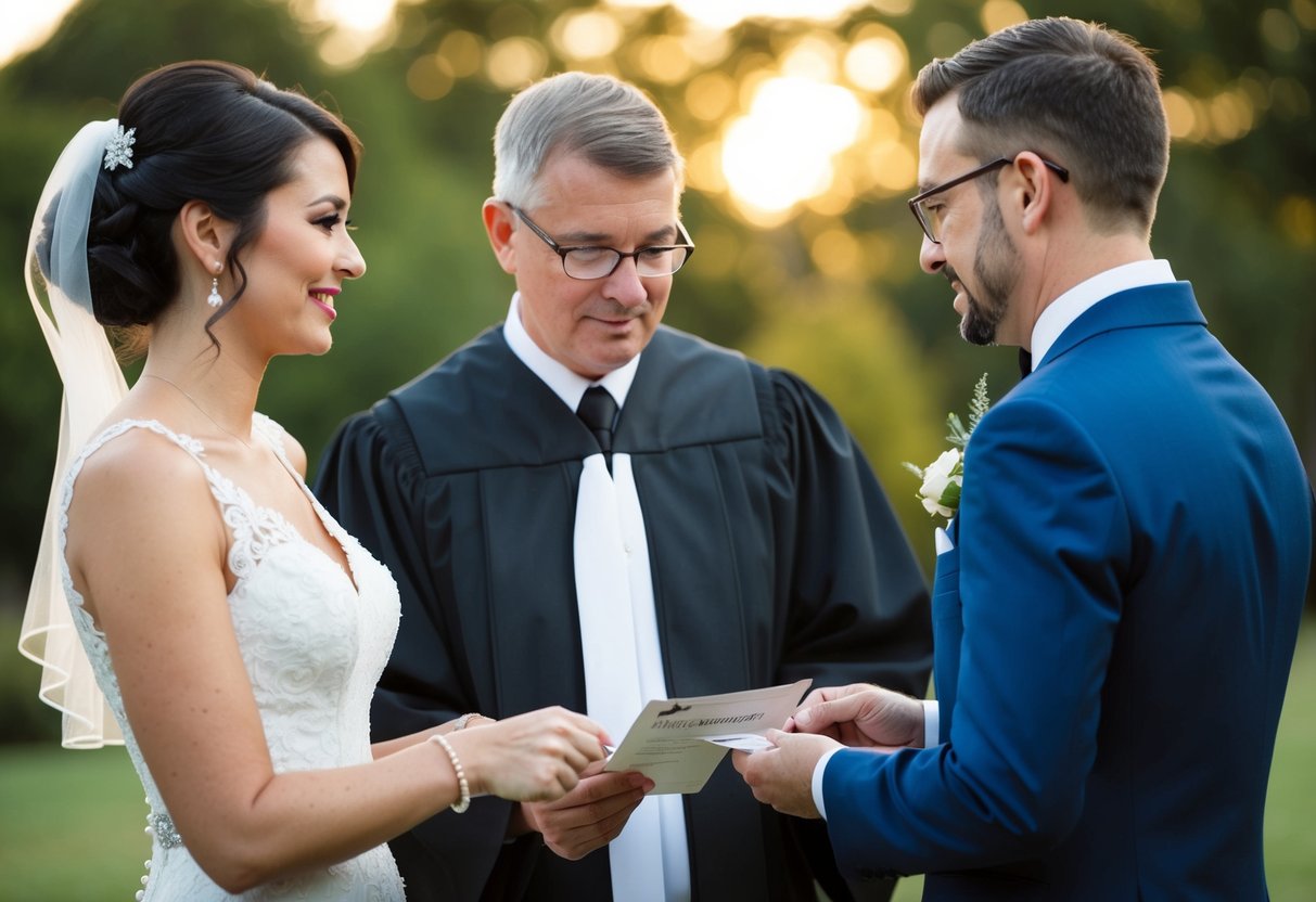 A wedding officiant checking the identification of two witnesses at a marriage ceremony