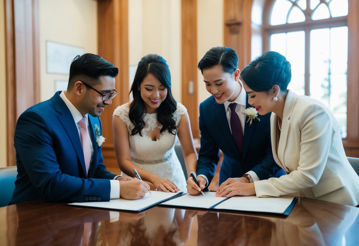 A couple and two witnesses signing marriage documents at a government office