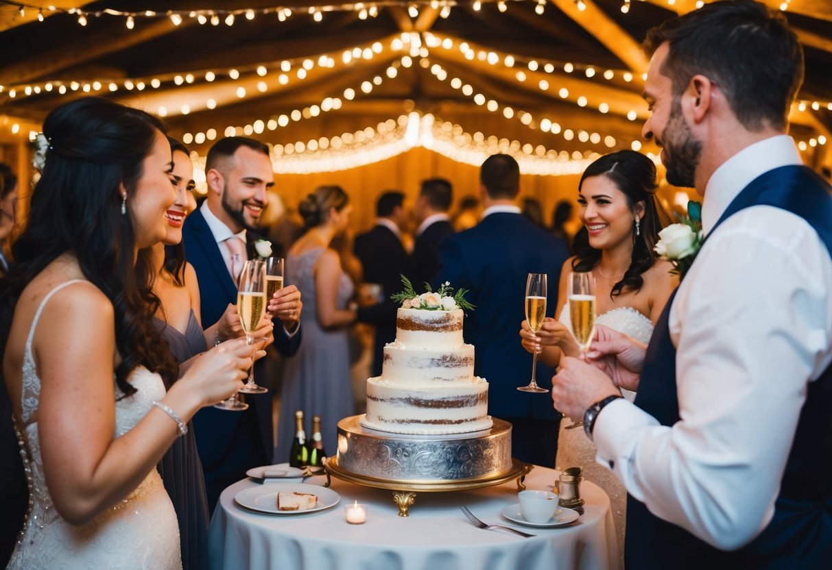 Guests mingle under twinkling lights, savoring cake and champagne at a lively wedding reception