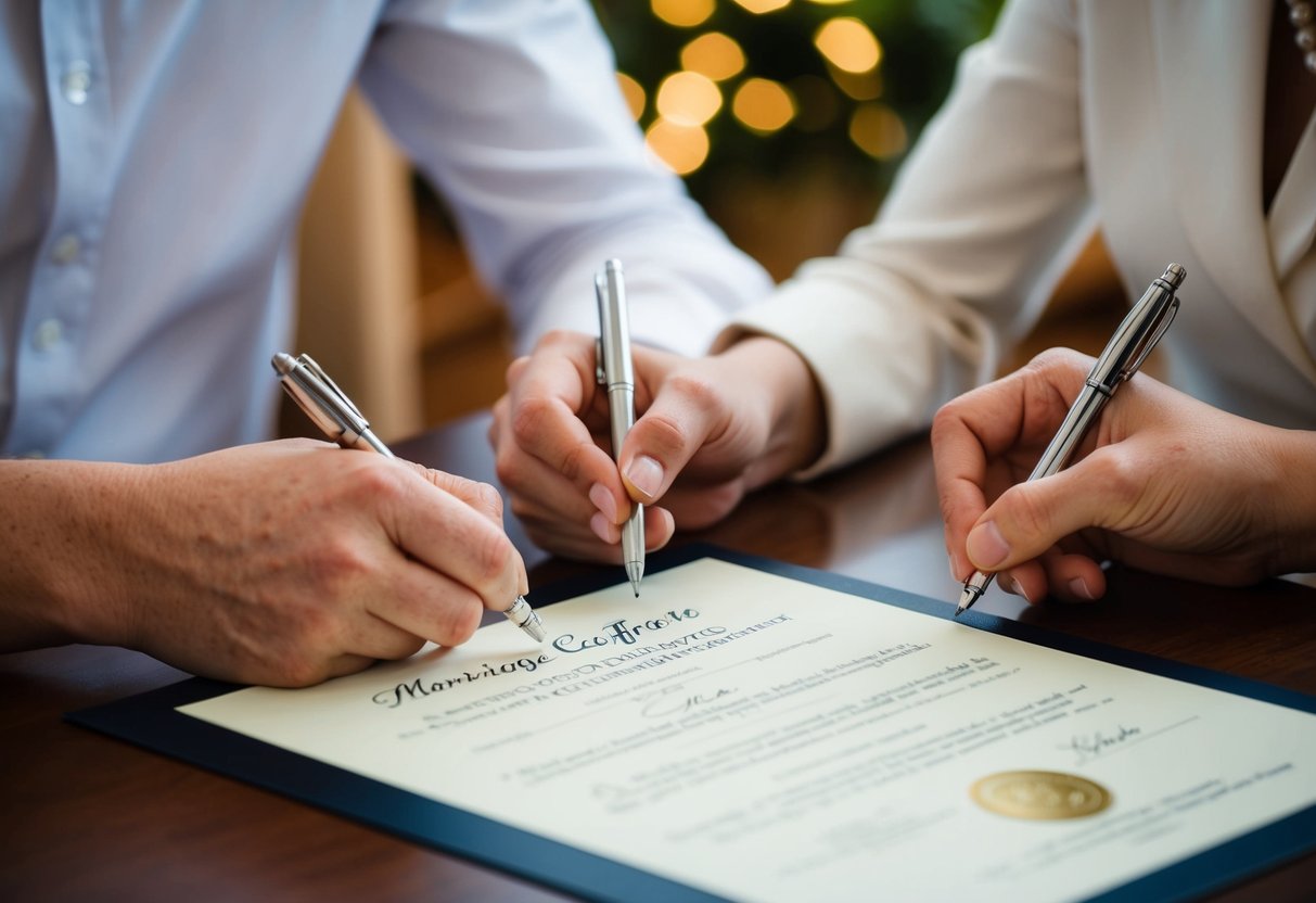 A marriage certificate being signed by two witnesses at a table