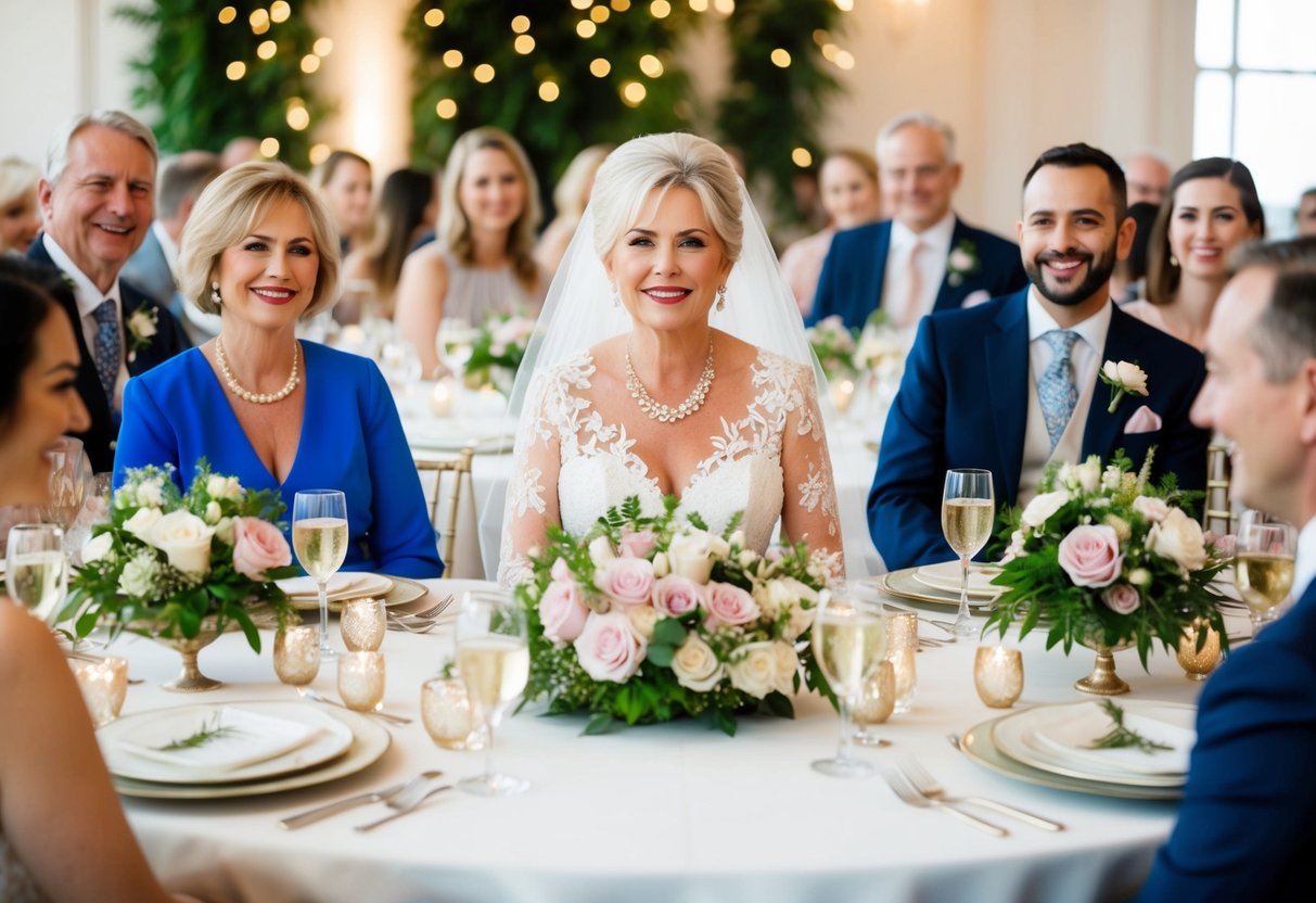 The mother of the bride sits at a beautifully decorated table with elegant place settings and floral centerpieces, surrounded by happy guests and soft lighting