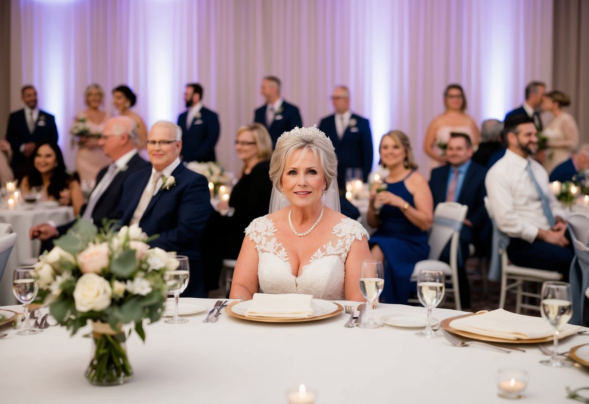 The mother of the bride sits at a designated table near the front of the reception layout, surrounded by family and friends