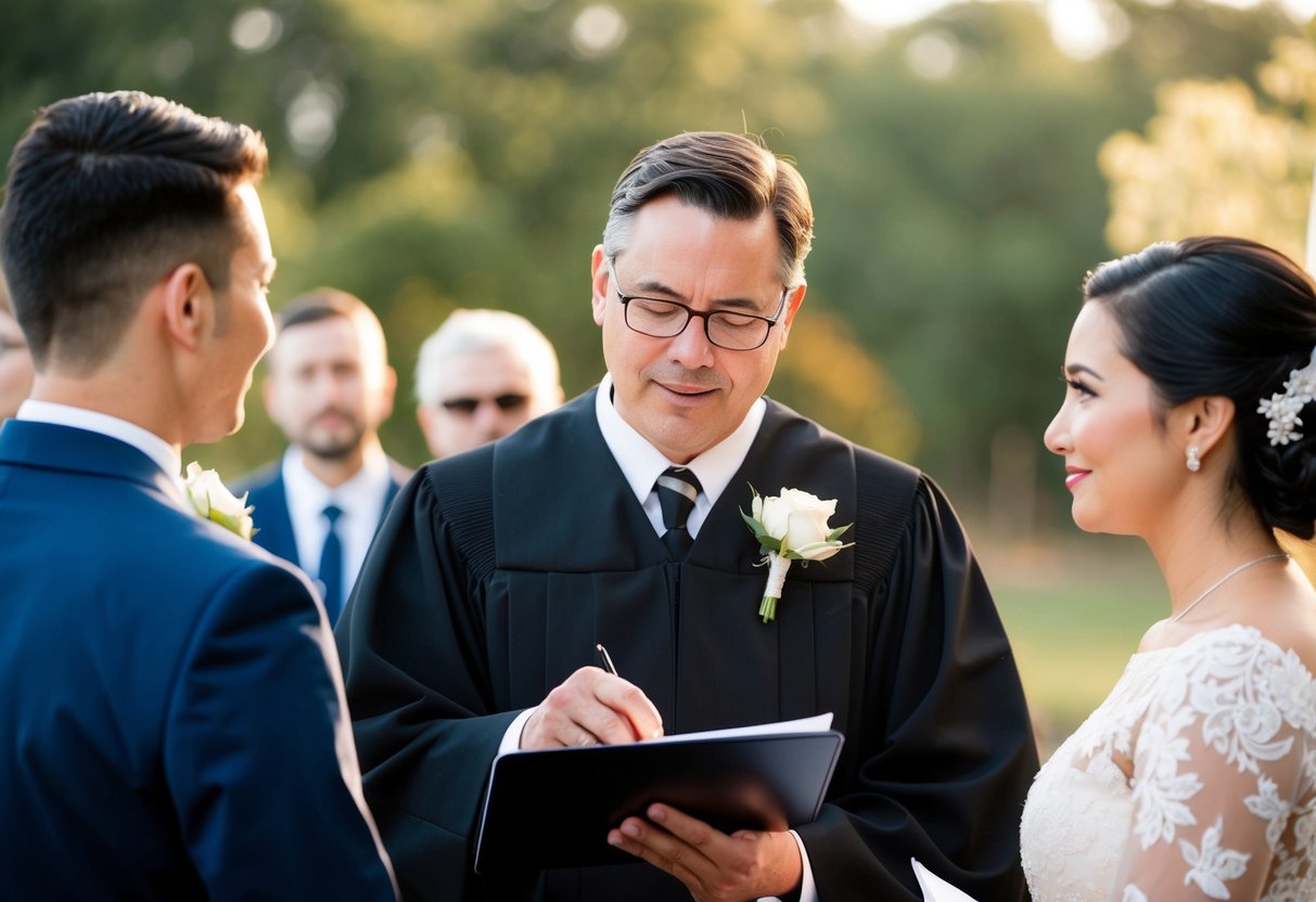 A wedding officiant checking the identification of two witnesses before the ceremony begins