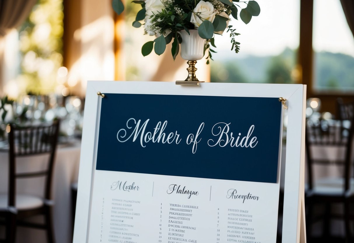 A seating chart with tables and chairs, indicating the placement of the mother of the bride at the reception