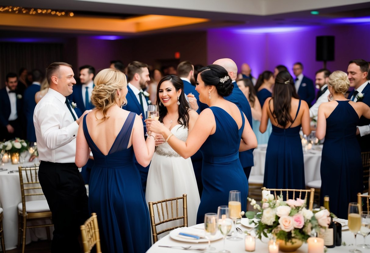 Guests mingling, dancing, and enjoying drinks at a wedding reception. Tables are adorned with flowers and candles, while a band plays in the background