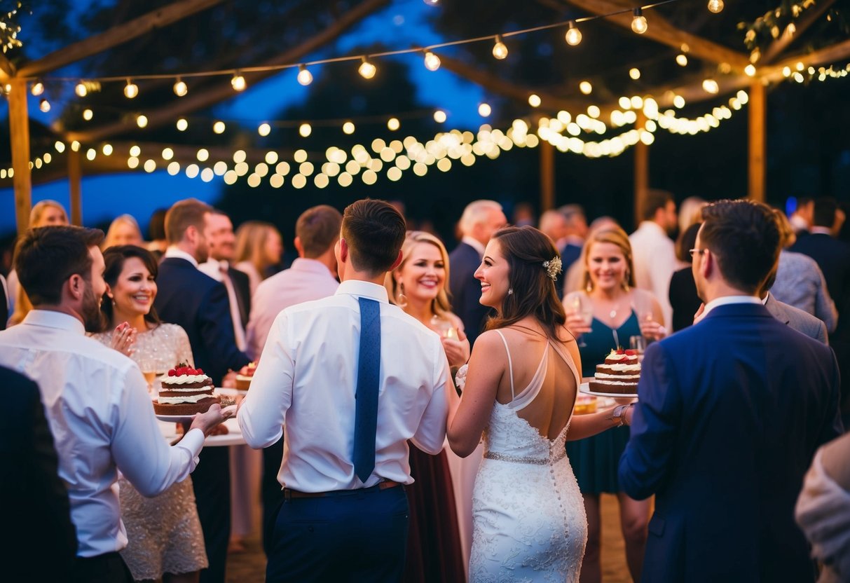 Guests mingling under twinkling lights, savoring desserts, and dancing as the evening unfolds at a lively wedding reception