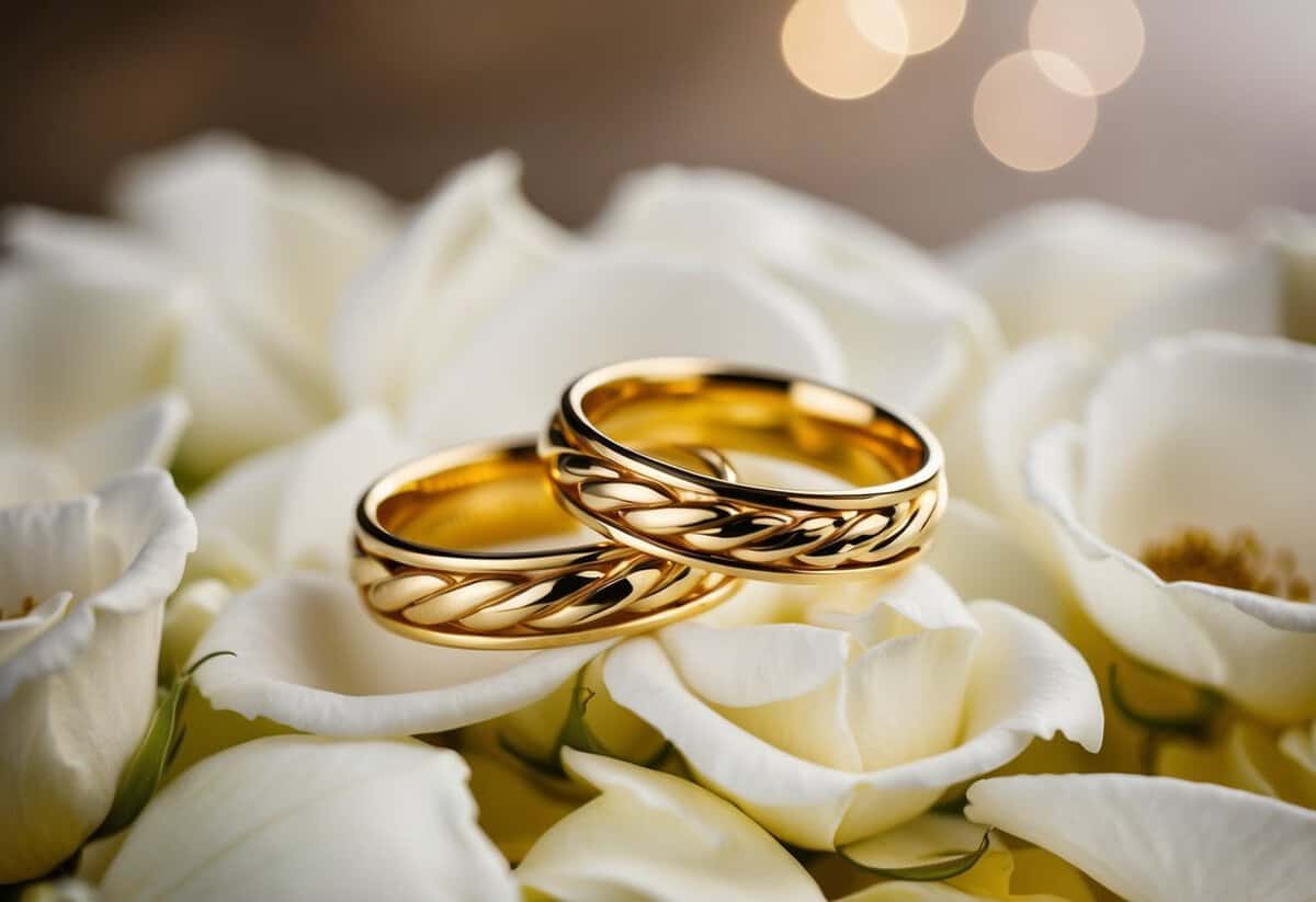 A pair of intertwined golden rings resting on a bed of fresh white rose petals