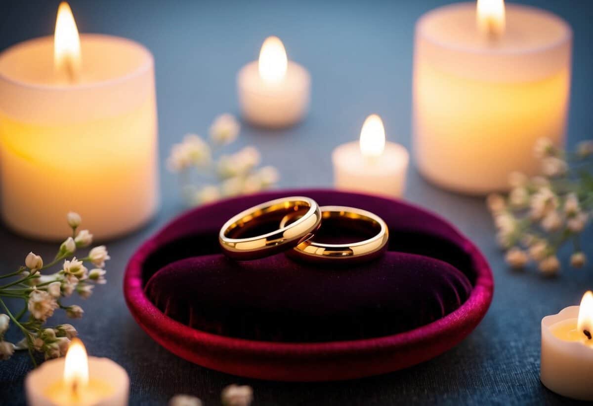 A pair of intertwined golden rings resting on a velvet cushion, surrounded by flickering candlelight and delicate floral arrangements