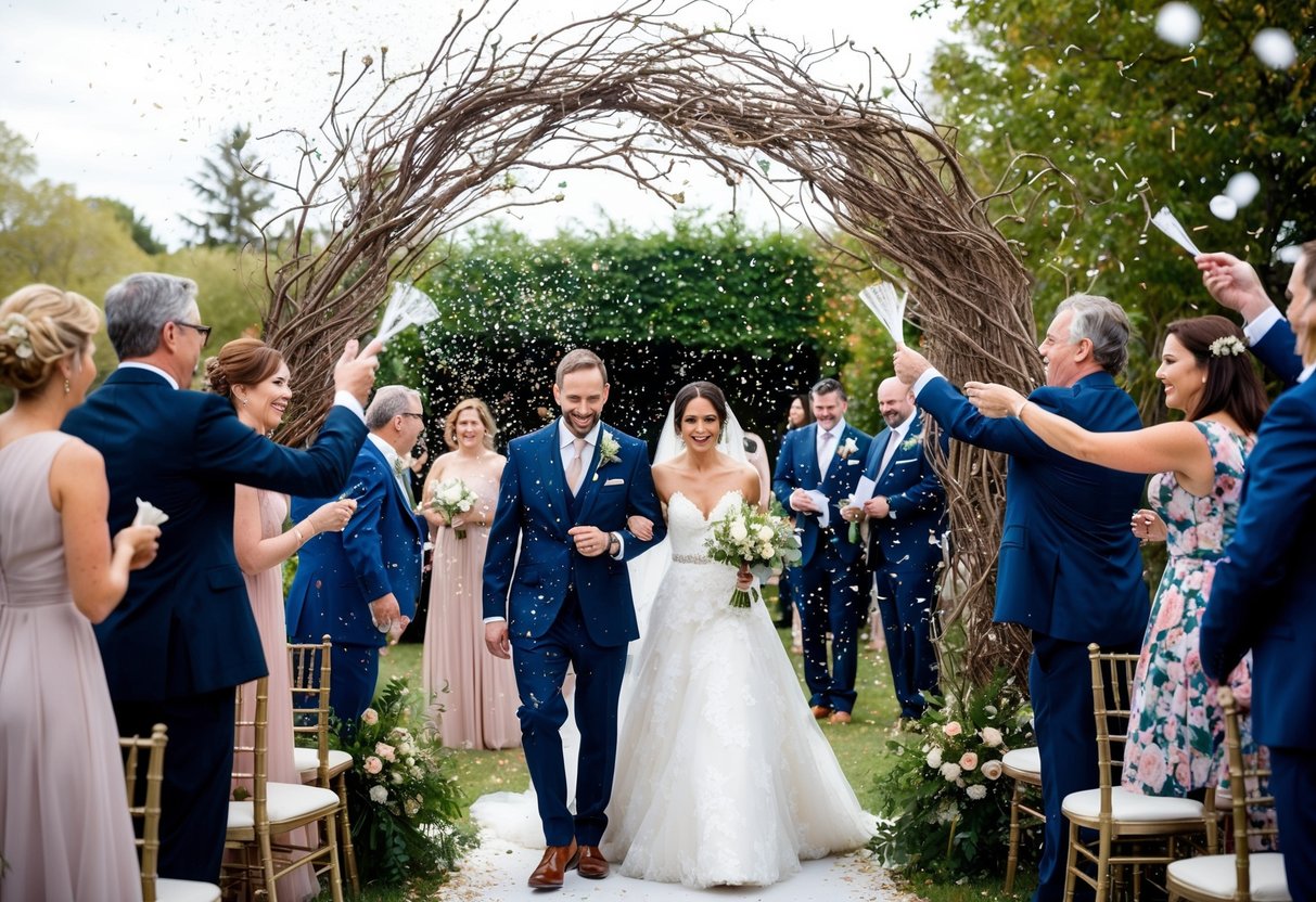 Guests toss confetti as the newlyweds exit under an archway of intertwined branches and flowers, while a string quartet plays in the background