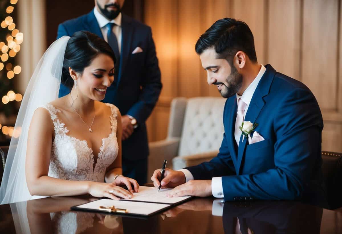 A bride and groom signing legal paperwork with witnesses present
