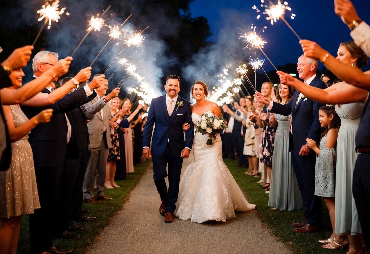 Guests gather for a sparkler send-off, forming two lines as the newlyweds make their way through, creating a tunnel of light and laughter