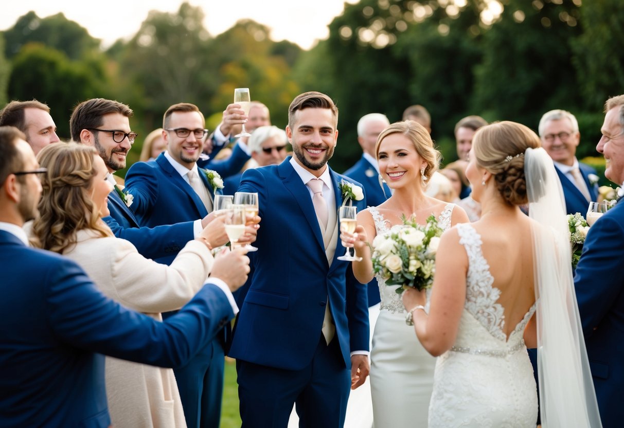 Guests gather around a newlywed couple, raising glasses in a toast, while the bride and groom stand together, smiling and waving goodbye
