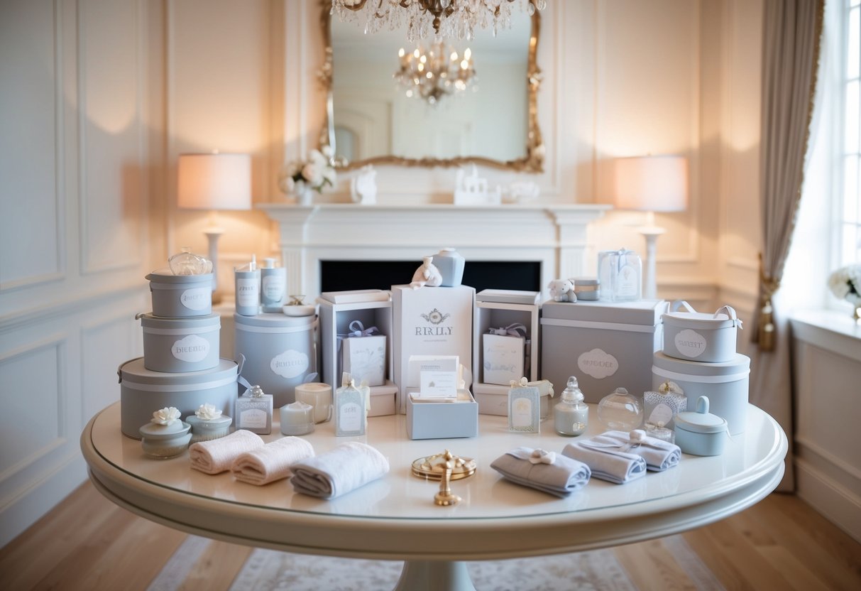 A baby registry with luxurious items displayed on a pristine table, surrounded by elegant decor and soft lighting