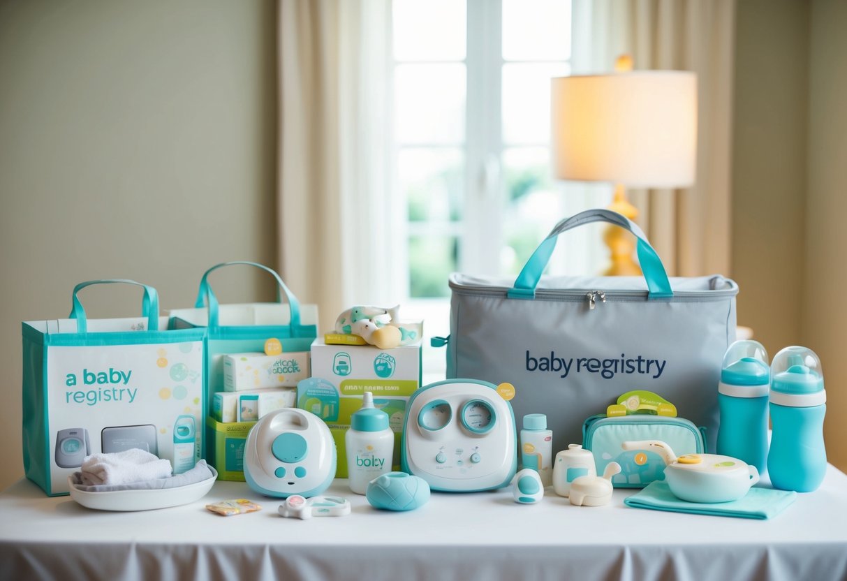 A baby registry with a mix of affordable and high-end baby items displayed on a table with soft lighting