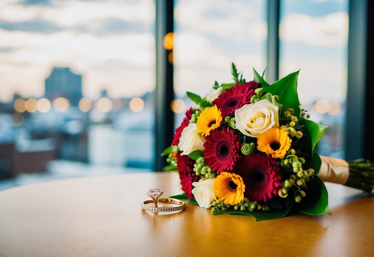 A bouquet of flowers and a ring on a table