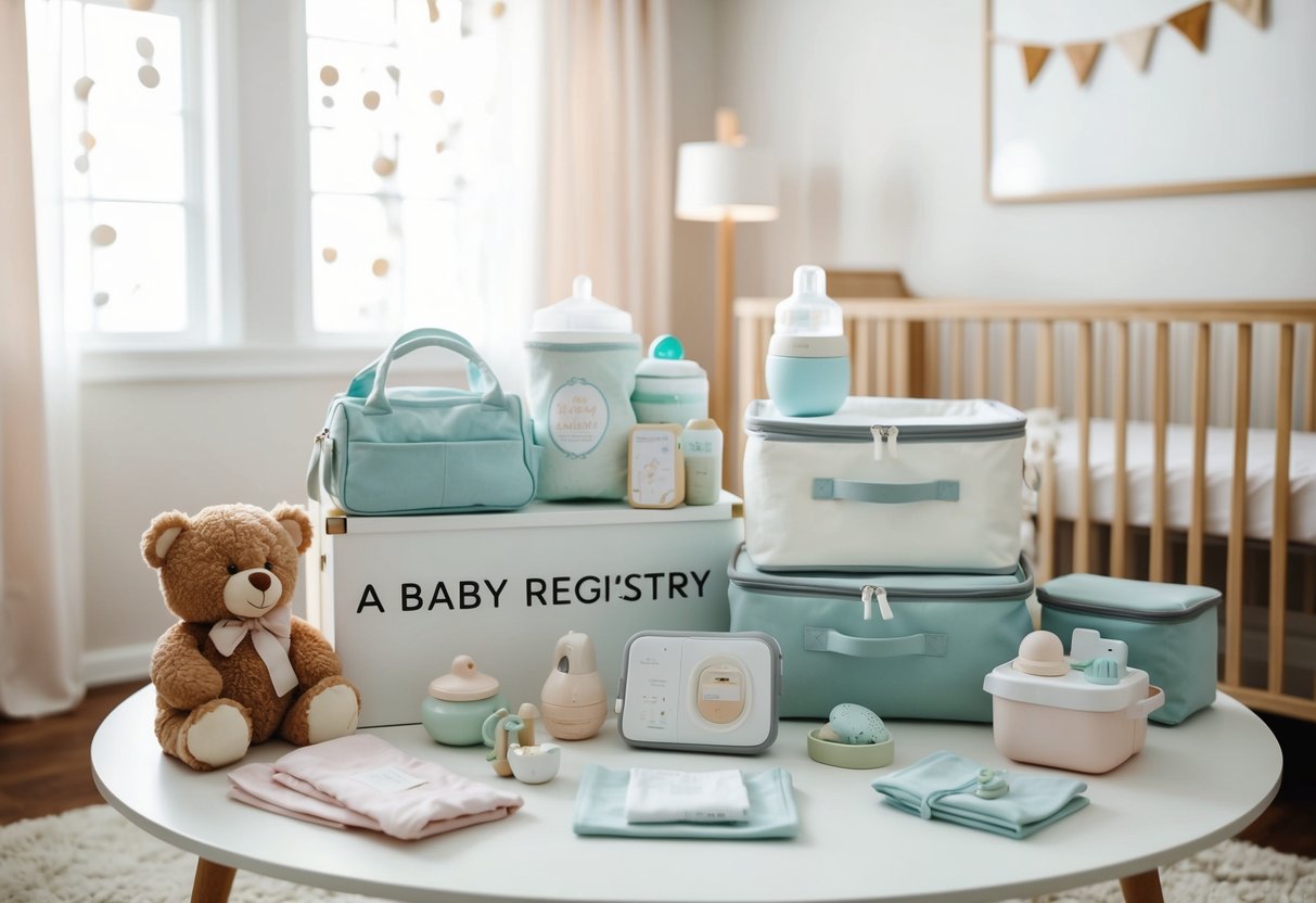 A baby registry with a mix of high-end and practical items displayed on a table with soft lighting and a cozy nursery background