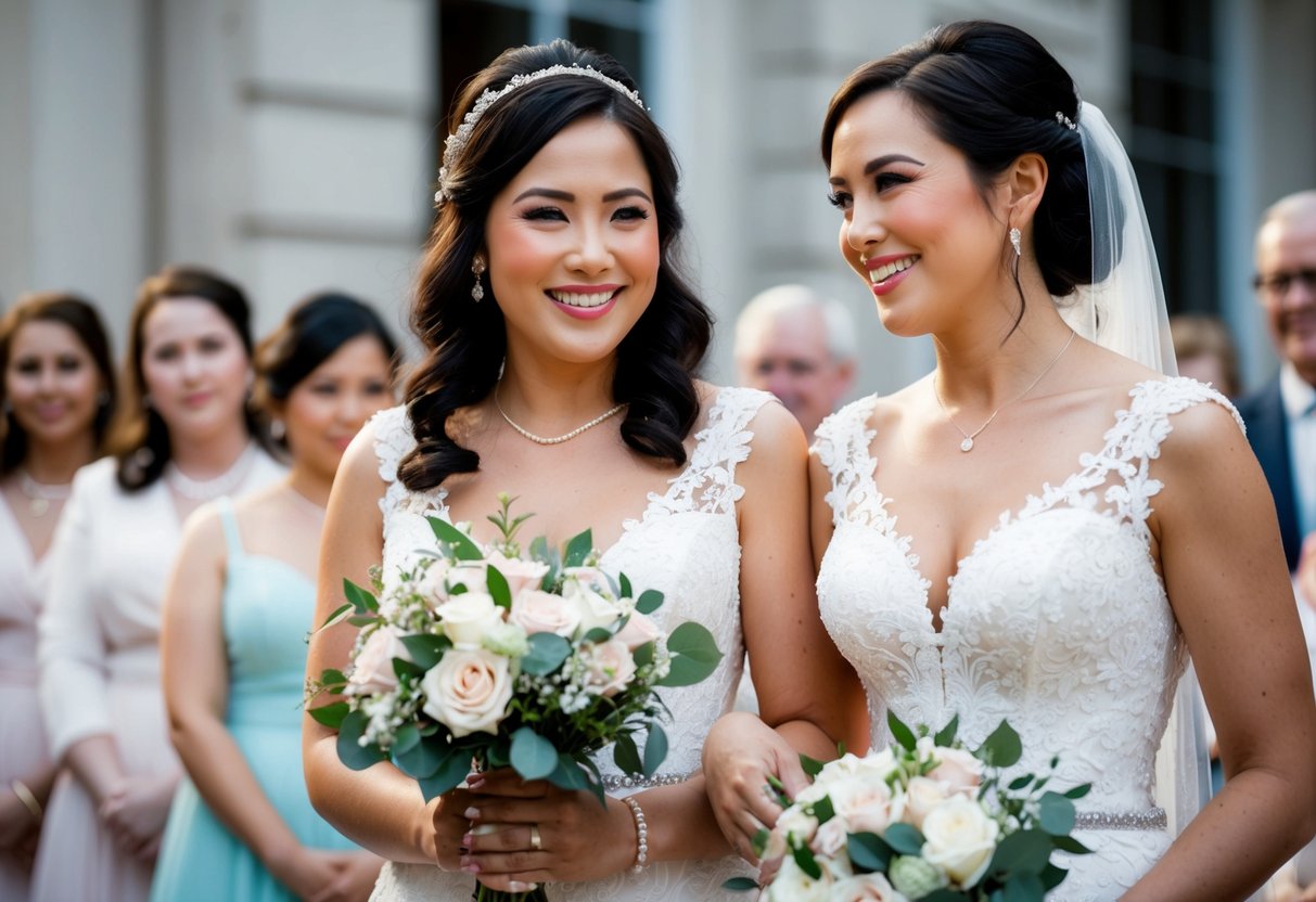 A woman stands beside the bride, holding her bouquet and smiling