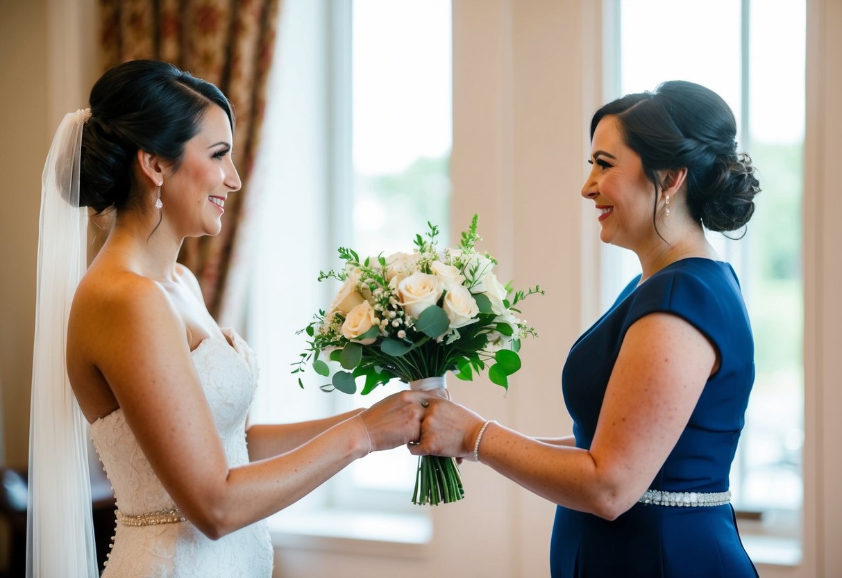A best woman hands the bride her bouquet before the wedding