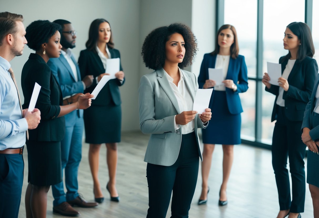 A group of people standing in a circle, some holding invitations while others look uncertain. A sense of exclusion and tension in the air