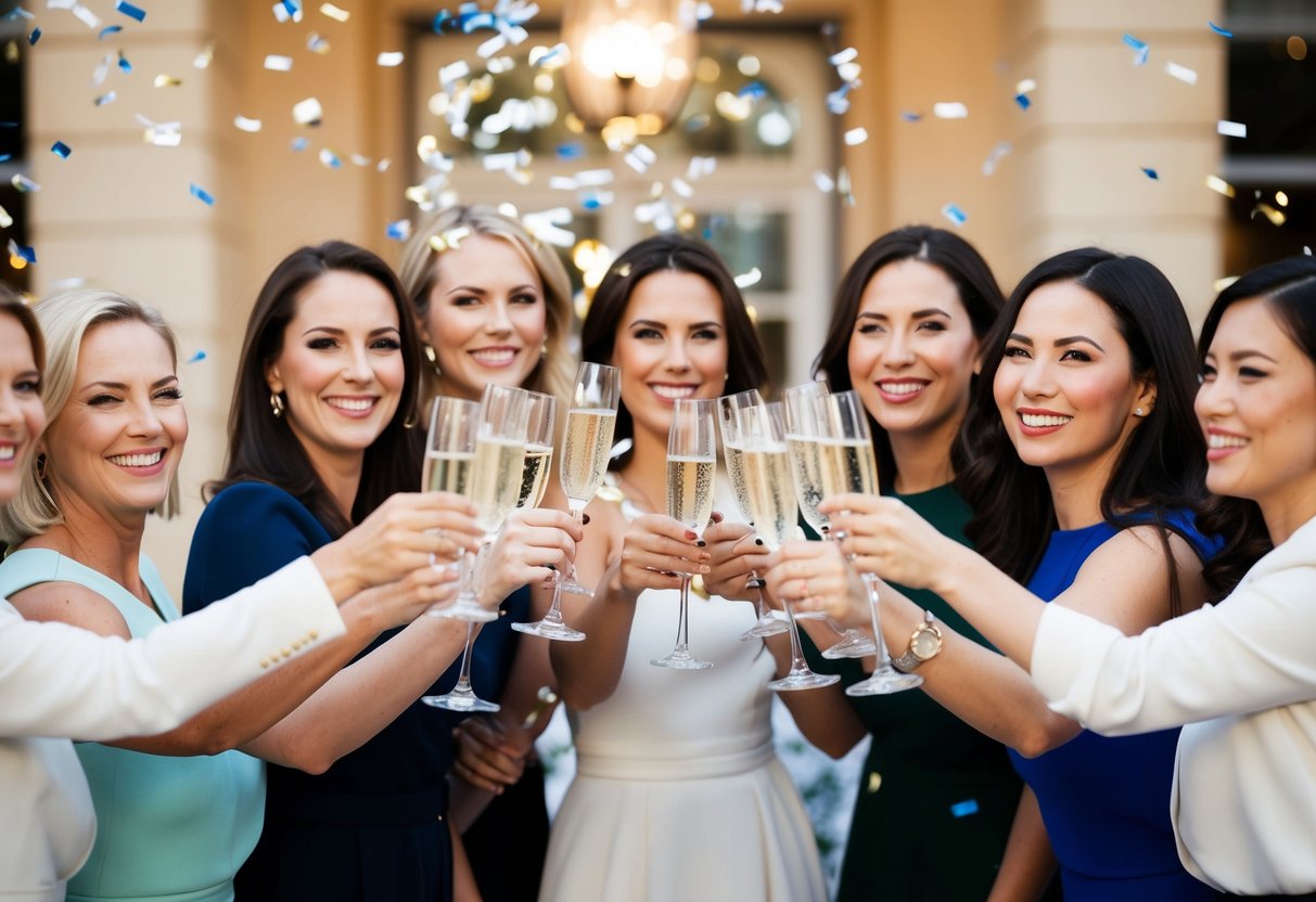A group of women raising champagne glasses in celebration, with confetti falling around them