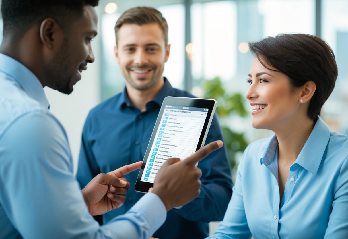 A person pointing to a digital device with a list of items, while another person nods and smiles in response to the question about a registry