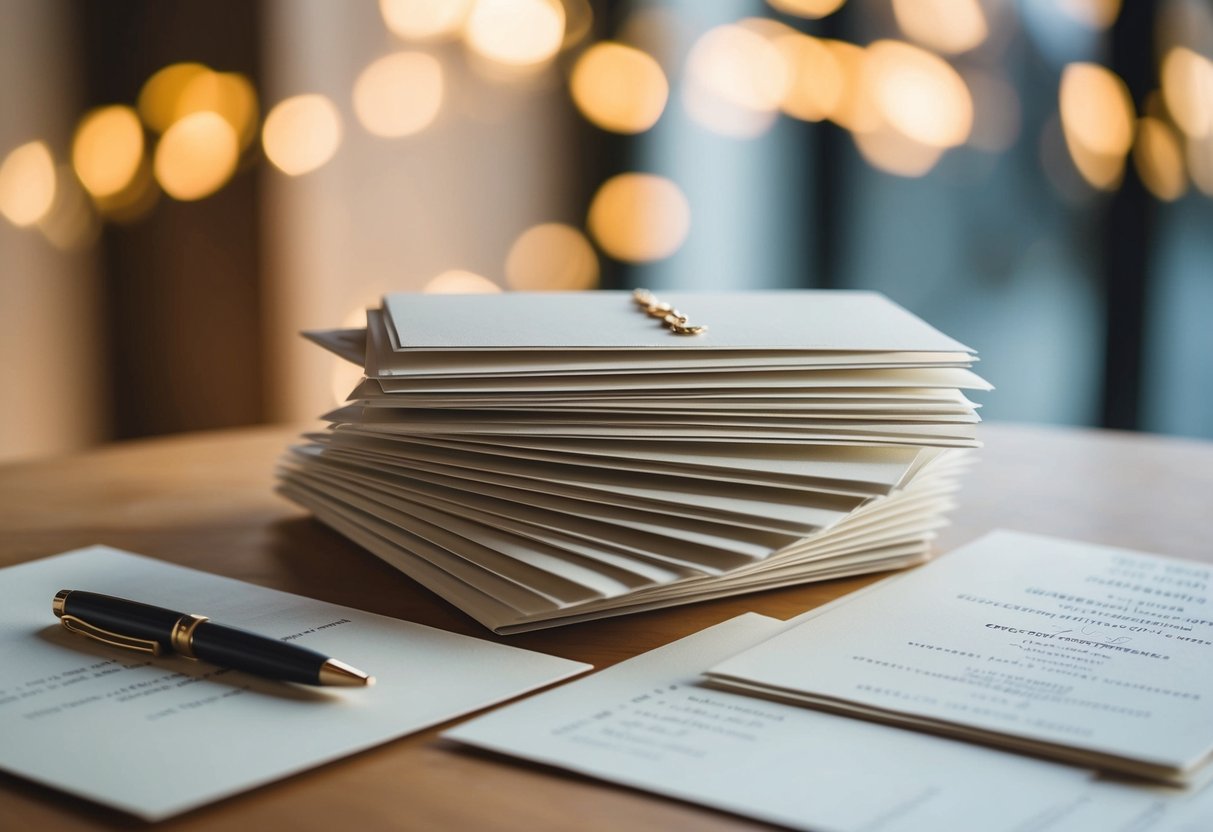 A stack of elegant wedding invitations, with a few set aside, on a table with a pen and a list of names