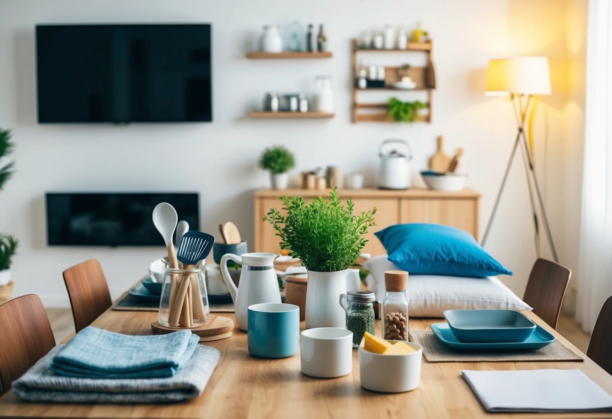 A table with various household items arranged neatly, including kitchenware, bedding, and other essentials