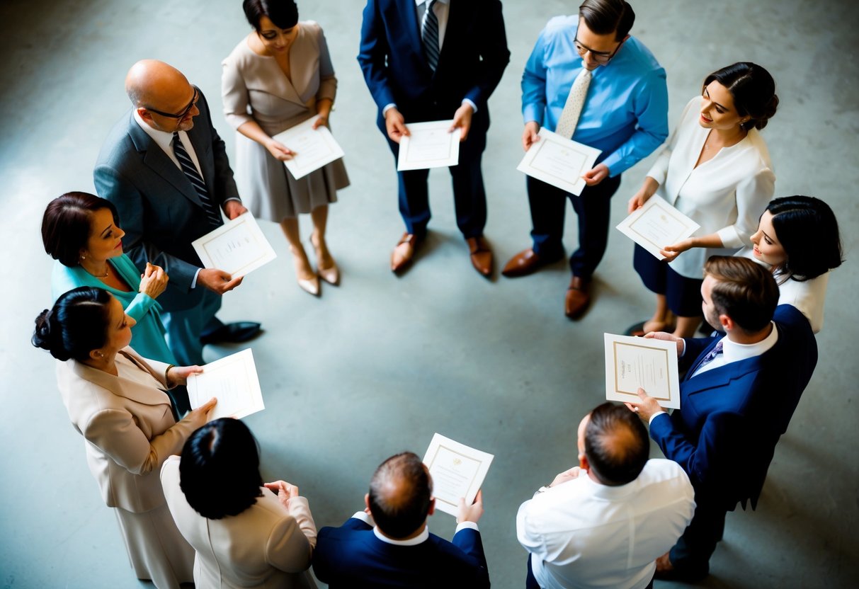 A group of people standing in a circle, some with wedding invitations, while others look excluded