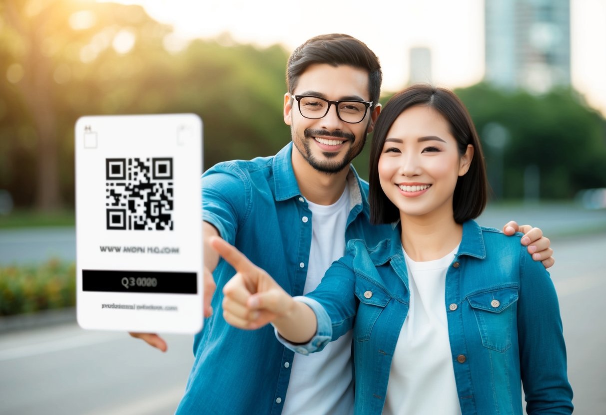 A couple standing together, smiling, and pointing to a website or scanning a QR code on a card
