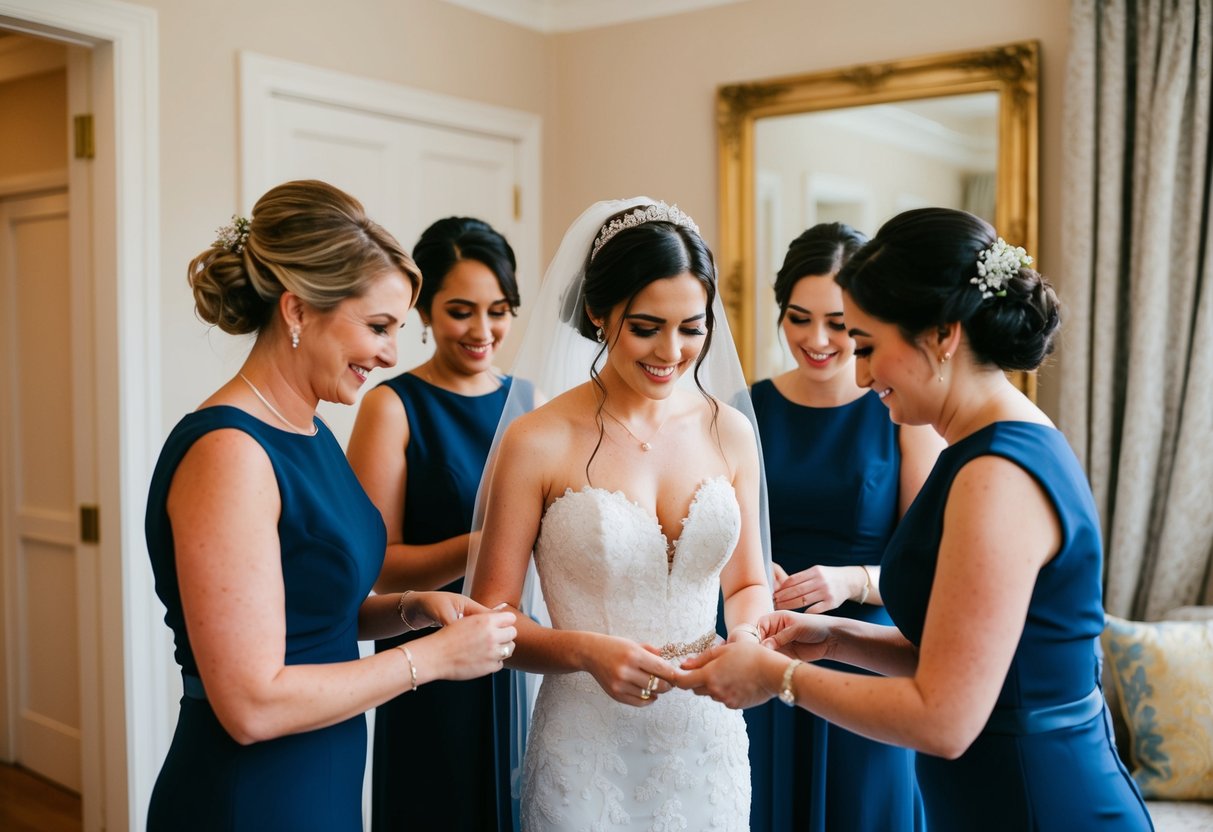 The bride's closest friends help her with final preparations before the wedding ceremony