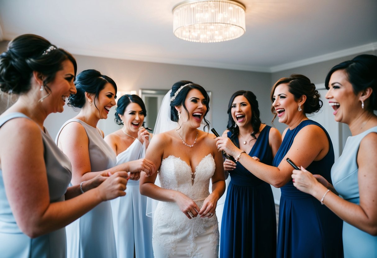 Bridal party gathers around the bride, helping with hair, makeup, and dressing. Excitement and laughter fill the room