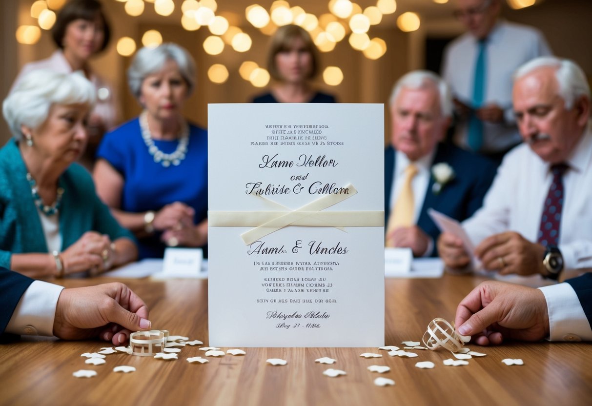 A wedding invitation with names crossed off, surrounded by disappointed aunts and uncles