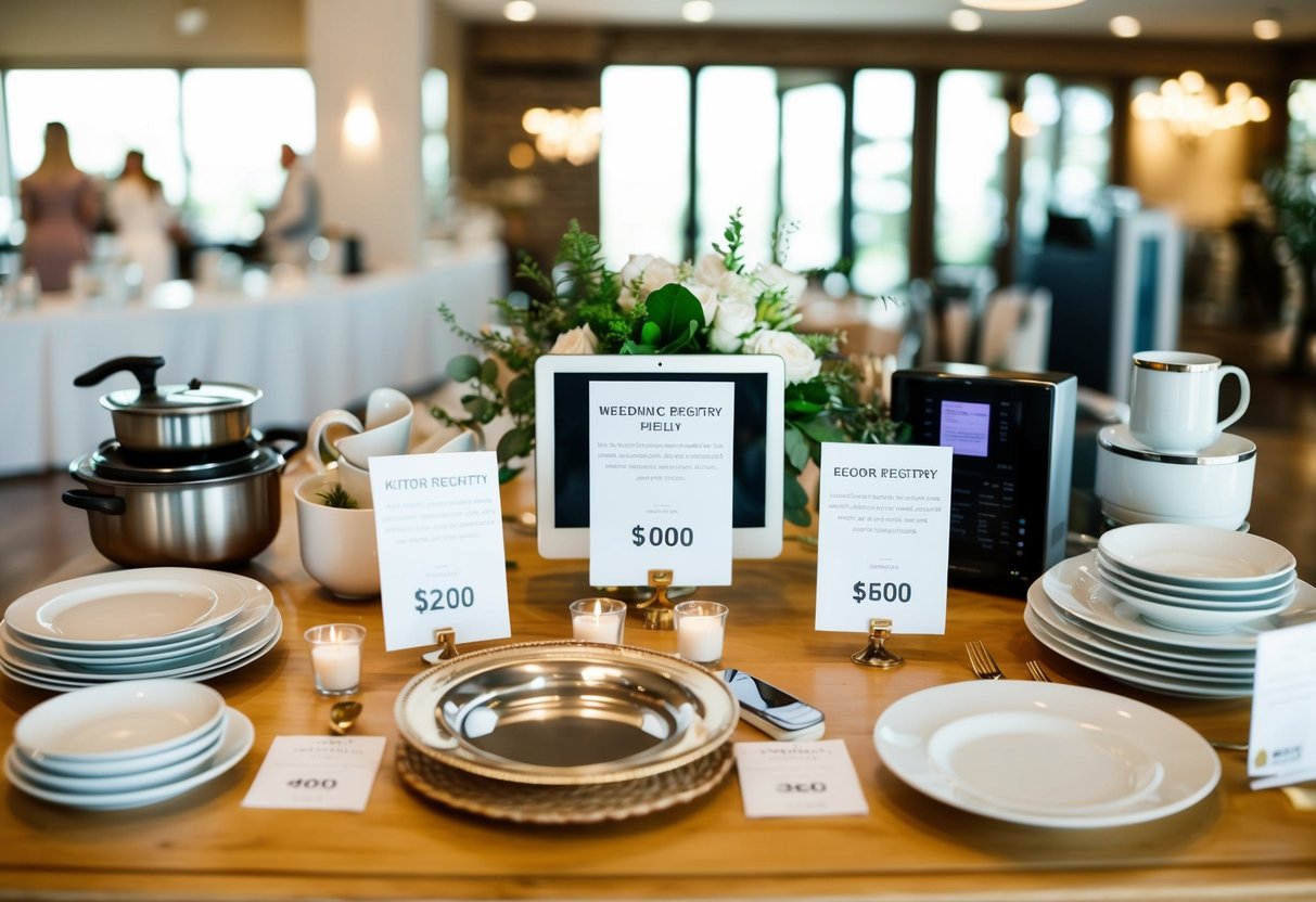 A table filled with various wedding registry items, such as kitchenware, home decor, and electronics, with price tags displayed