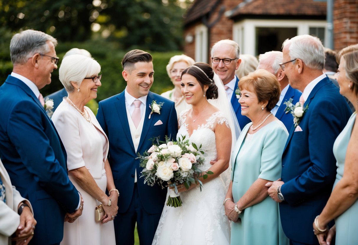 A family gathering with a wedding theme, featuring a bride and groom surrounded by relatives, with aunts and uncles conversing in the background
