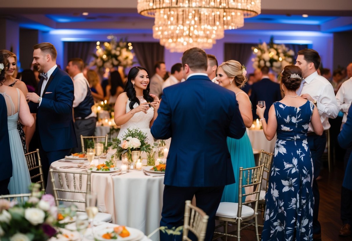 Guests mingle, dance, and enjoy food and drinks at a wedding reception. Tables are adorned with flowers and decorations, creating a festive atmosphere