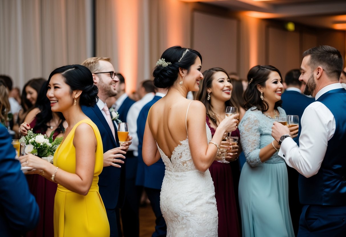 Guests mingle, dance, and enjoy food and drinks at the wedding reception