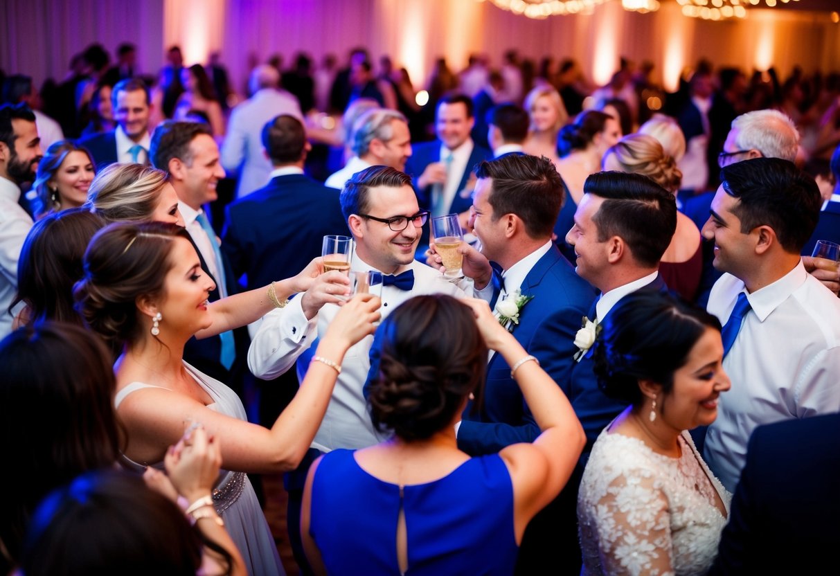 Guests mingle, clink glasses, and dance on a crowded dance floor at a lively wedding reception