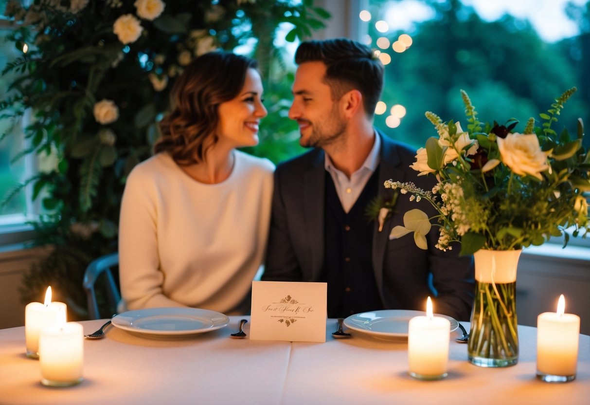 A couple sits at a cozy table, surrounded by soft candlelight and lush greenery. A small, elegant card rests beside a vase of fresh flowers