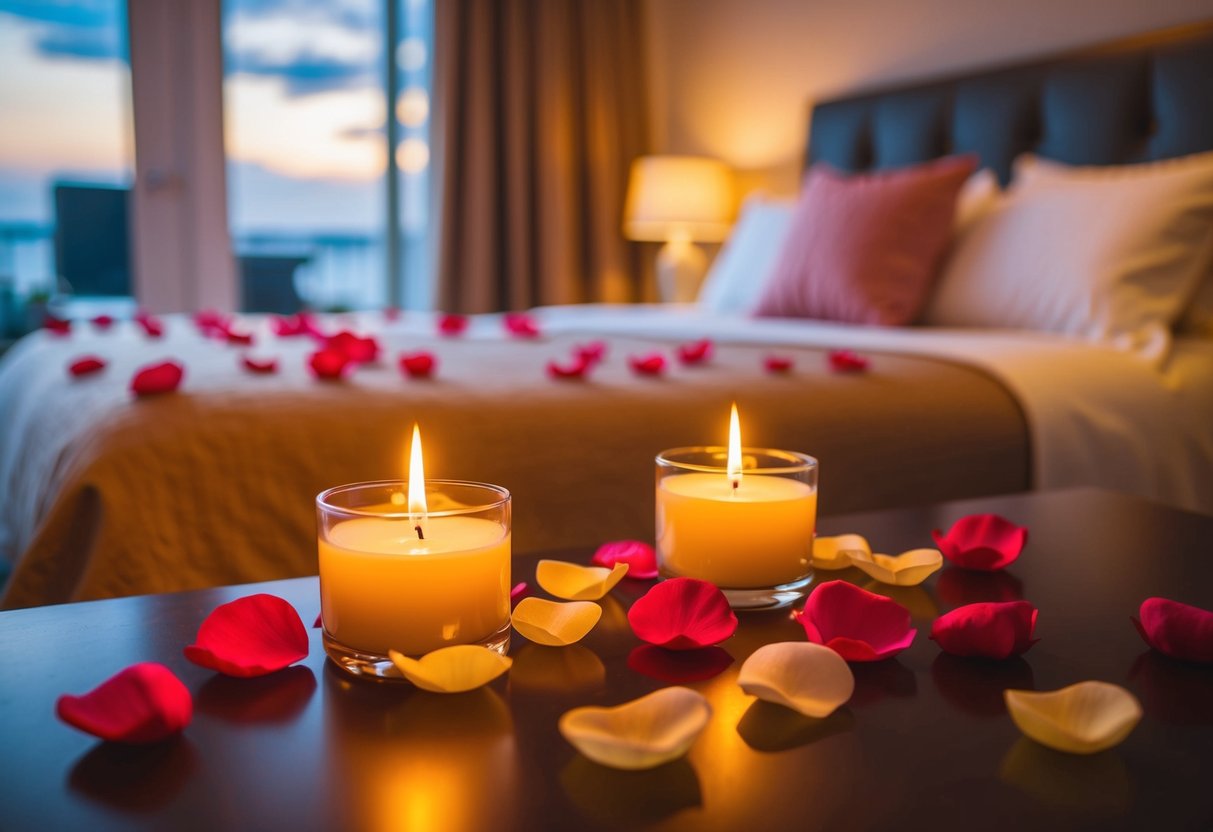 A cozy bedroom with a bed adorned with rose petals and candles, casting a warm glow in the room