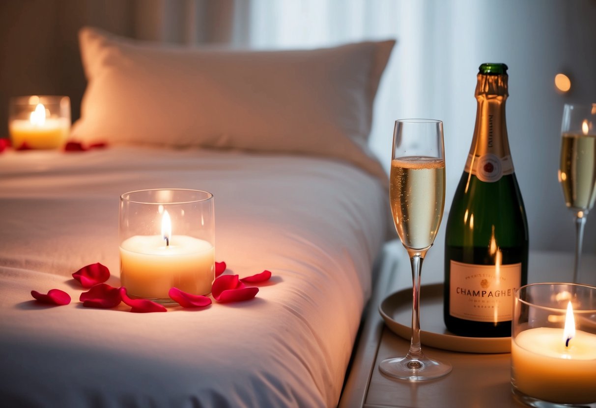Soft candlelight illuminates a bed adorned with rose petals, while a bottle of champagne chills on a nearby table
