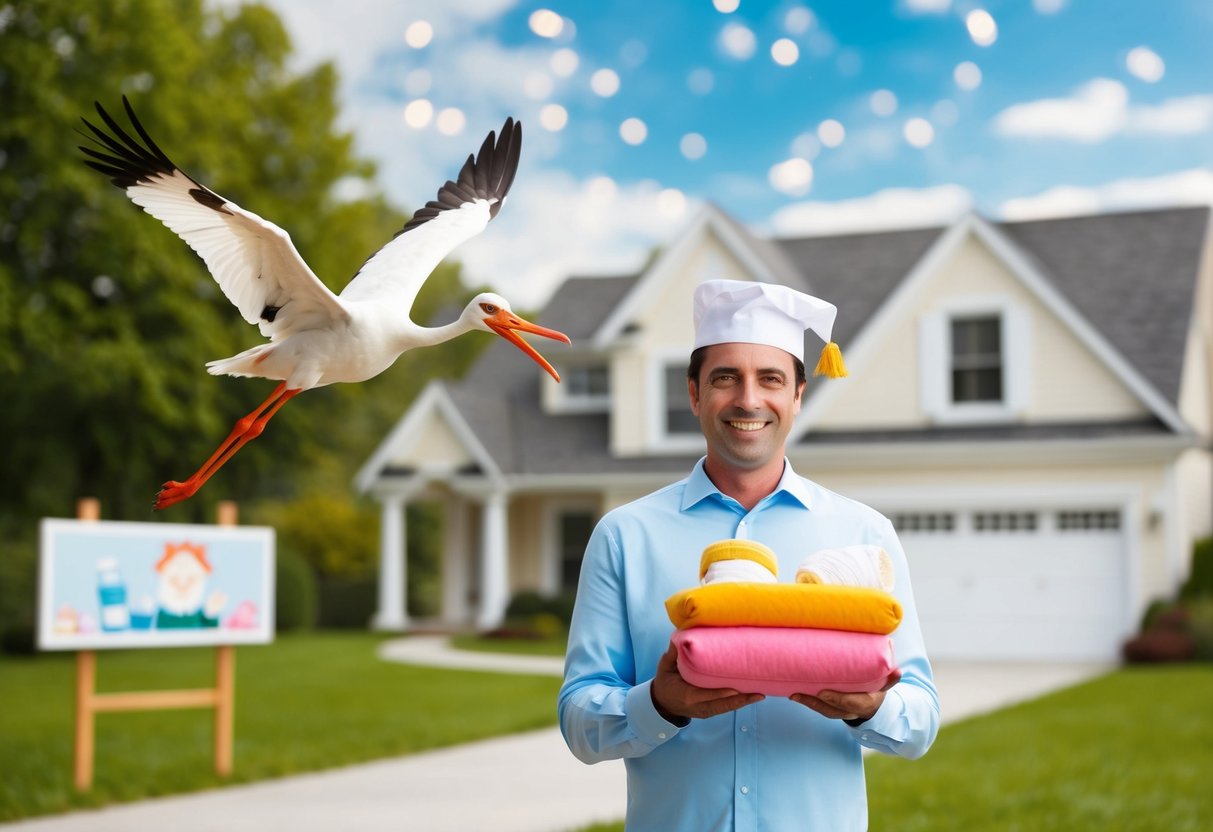 A smiling stork delivering a bundle of baby items to a cheerful family home