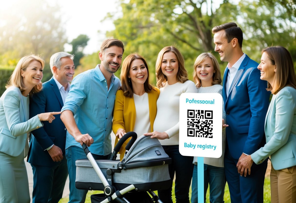 A happy couple stands next to a stroller, surrounded by family and friends. They are smiling and pointing to a QR code on a sign, indicating their baby registry