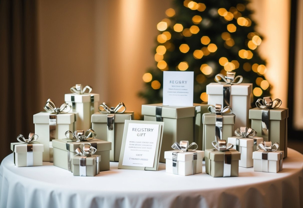 A table with a variety of elegant gift items displayed, including a small card with registry information discreetly tucked into the corner