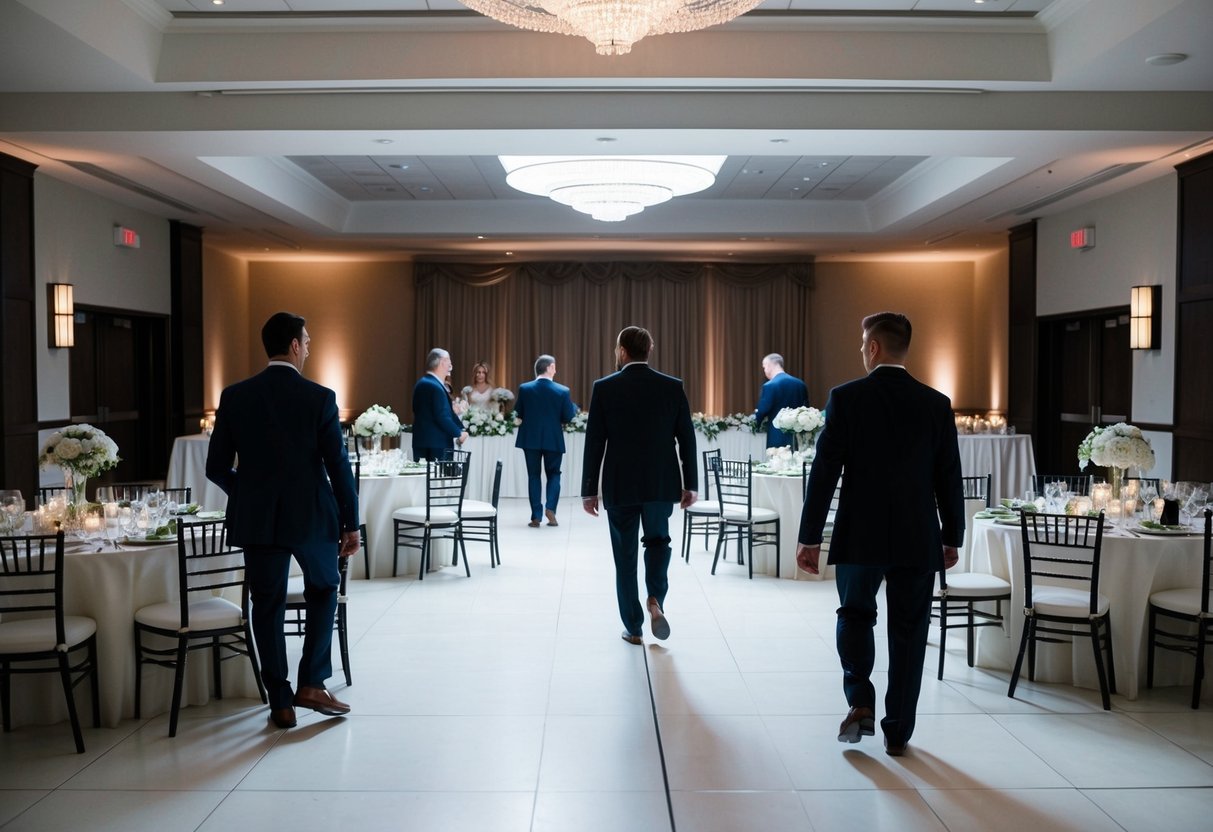 Guests leaving empty wedding reception hall. Tables set with untouched food and drinks. Dim lighting and empty dance floor
